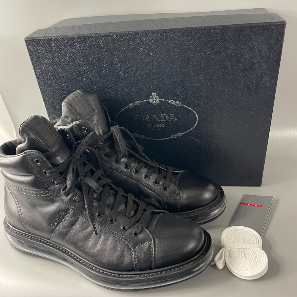 Authentic Prada Black Leather High Top Sneakers, Men's Size 9 (US 10)